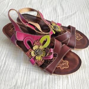 L'Artiste Womens EU 42 US 10 Tooled Leather Sandals Floral Pink Brown Green